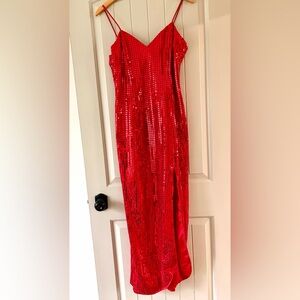 Vintage 90s Red Sequin Roberta Maxi Dress Slinky Gown Sexy Slit Y2K Prom 9/10